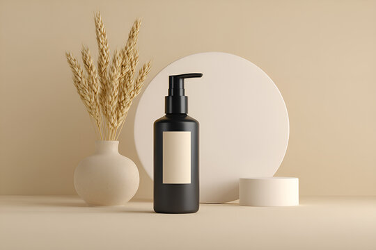 Minimalistyczna butelka z pompką na beżowym tle &ndash; opakowanie kosmetyku, pielęgnacja sk&oacute;ry i elegancka prezentacja produktu.