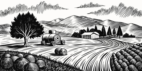 Rustic farmland illustration with tractor and hay bales in engraved style © Sadhin07