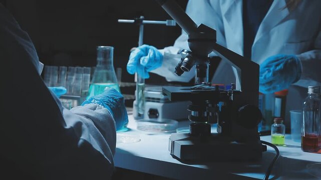 Science, laboratory and woman with pipette, test tube and biotech solution in research. Medical innovation, scientist or lab technician in study for healthcare, medicine and vaccine results feedback.
