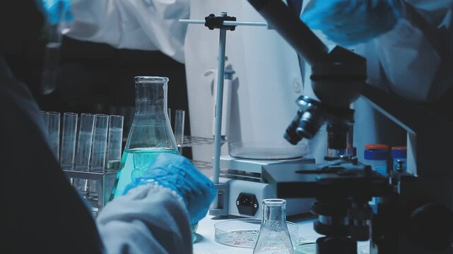 Science, laboratory and woman with pipette, test tube and biotech solution in research. Medical innovation, scientist or lab technician in study for healthcare, medicine and vaccine results feedback.