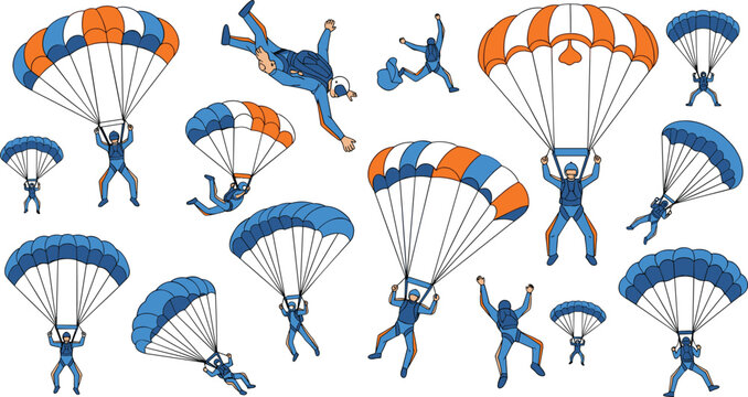 Professional Skydiving Vector Set Featuring Parachutists and Skydivers in Various Flight and Landing Poses for Extreme Sports, Adventure Travel, and Active Lifestyle Graphic DesignsProfessional Skydiv