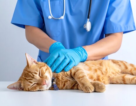 A veterinarian examines a sleeping orange cat on a white table