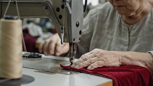 Elderly woman sewing on industrial machine creating handcrafted textile piece vibrant red fabric