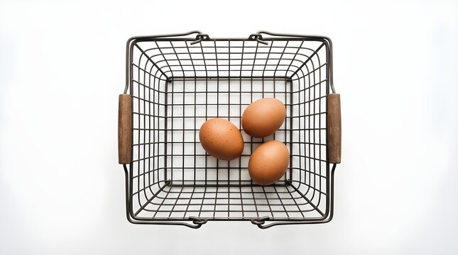 Top view of three fresh chicken eggs in a minimalist iron wire basket on a white background