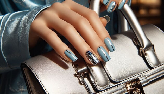 Close-up of a manicured hand with glossy blue polish and a chrome-striped accent nail, posed on a silver leather purse for a stylish beauty and fashion accessory concept.

