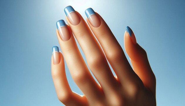 Close-up of a female hand with an elegant blue French manicure reaching toward a clear blue sky. Soft sunlight highlights glossy tips and smooth skin, evoking fashion, beauty, summer, and self-care.

