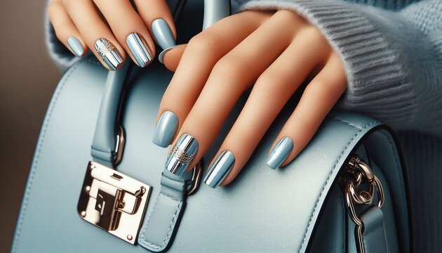 Close-up of a manicured hand with glossy blue polish and a chrome-striped accent nail, posed on a silver leather purse for a stylish beauty and fashion accessory concept.

