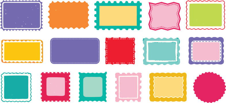 Assortment of hand-drawn colorful frames and borders with playful wavy edges on a transparent background