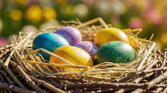 Decorated easter eggs nestled in a natural woven basket display