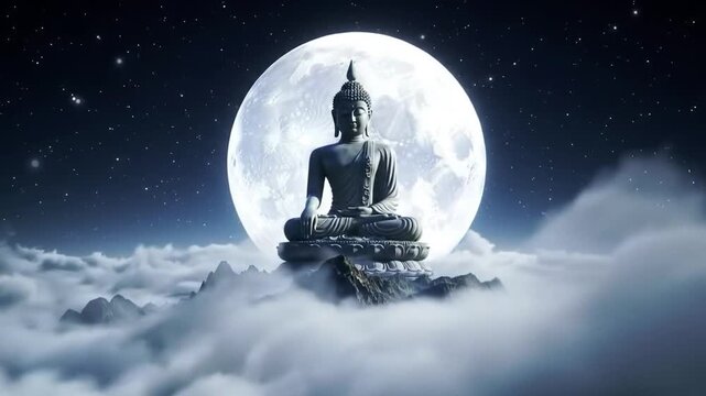 Tranquil buddha statue silhouetted by full moon at night with clouds