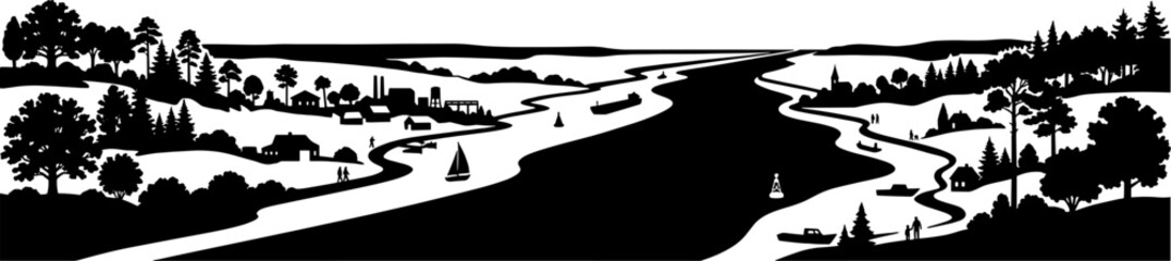 Naklejka premium Riverside village silhouette featuring boats and winding waterway