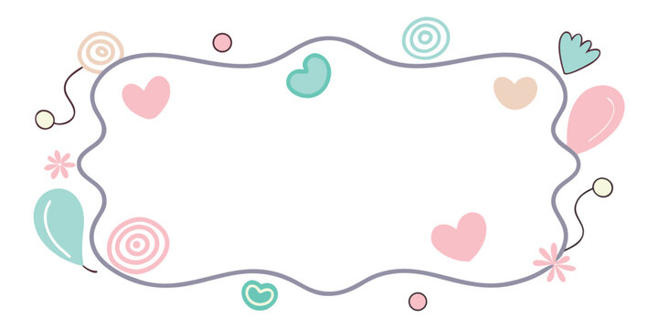 Decorative wavy frame with pastel hearts balloons and floral elements on white background