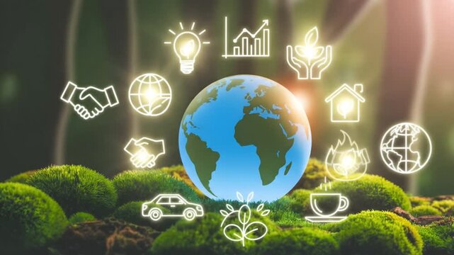A futuristic illustration of Earth, surrounded by eco-friendly icons on a mossy forest floor, conveys technology and sustainability.