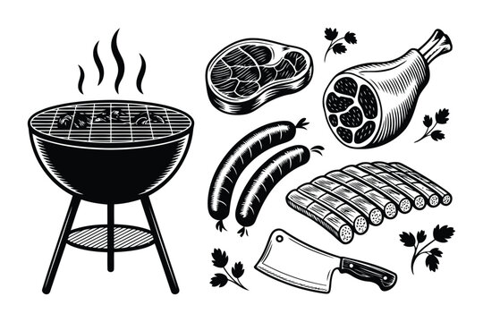 Barbecue grill equipment and various meat cuts vintage woodcut vector.