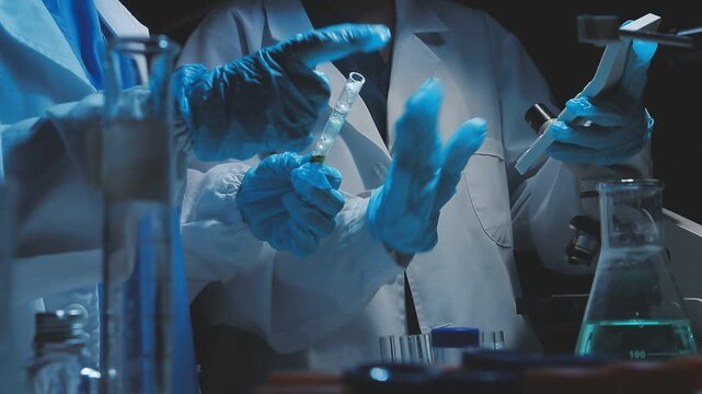 Science, laboratory and woman with pipette, test tube and biotech solution in research. Medical innovation, scientist or lab technician in study for healthcare, medicine and vaccine results feedback.