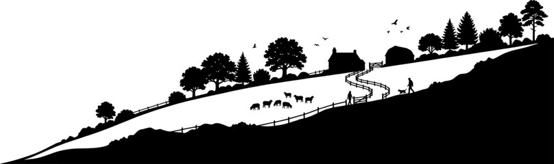 Obraz premium Rural countryside farm on hillside silhouette
