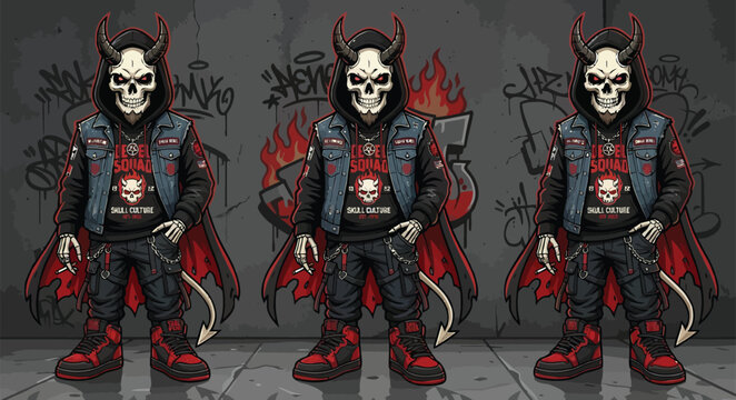Three cool horned skull characters wearing trendy street fashion outfits and stylish hoodies