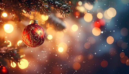 Obraz premium Red ornament on evergreen tree with glowing lights, snow falling, creating magical festive atmosphere