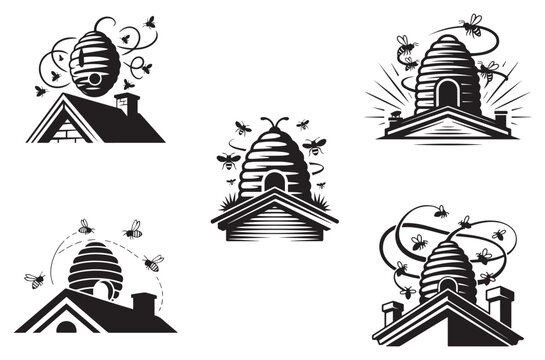 Beehive house roof symbols set depicting flying honey bees and swarm patterns in decorative black silhouette style for agricultural apiary branding and nature themed logo design