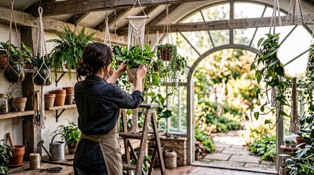 Woman gardener or florist arranging green potted hanging plants with macrame hangers inside a cozy bright greenhouse studio