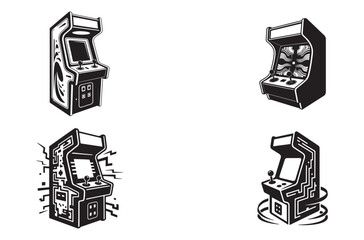 Retro video game arcade machine collection featuring classic joystick cabinet designs with pixelated circuitry patterns for entertainment center graphics and vintage gaming themed prints © Md Jamal Uddin