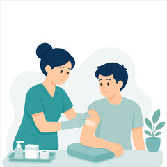 Obraz premium Professional nurse applying adhesive bandage to boy patient after vaccination in clean vector illustration style.
