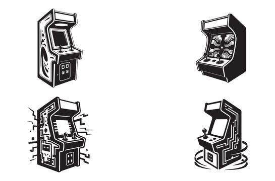 Retro video game arcade machine collection featuring classic joystick cabinet designs with pixelated circuitry patterns for entertainment center graphics and vintage gaming themed prints