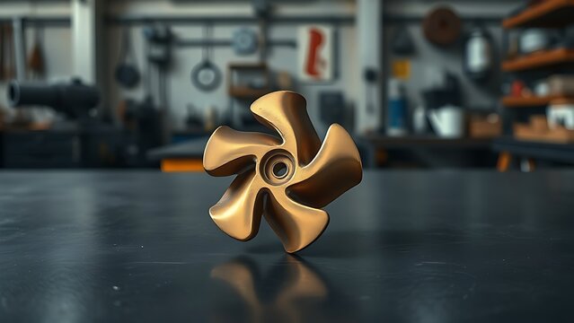 impeller. A single bronze impeller component isolated on a dark workshop table. safety posters, maintenance manuals, designed for precision metalworking and fabrication facilities, used by engineers.