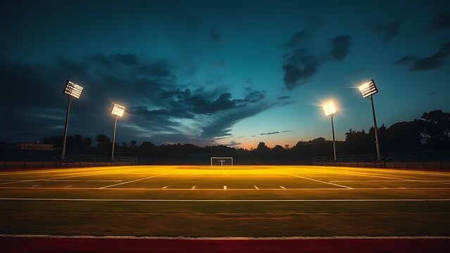 floodlight. An empty sports field at dusk, bathed in the glow of floodlights under a twilight sky. event key visuals, club posters, designed for sports event promotions and stadium branding.