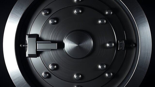 reinforced. Heavy circular steel bank vault door with bolts closed on dark background. real-estate listings, architecture portfolios, designed for real-estate listing and luxury residence showcases.