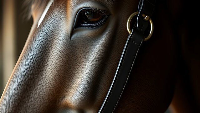 blinder. Extreme close-up view of a horse blinder, leather texture. wildlife magazines, conservation campaigns, designed for eco-tourism storytelling, used by graphic designers.