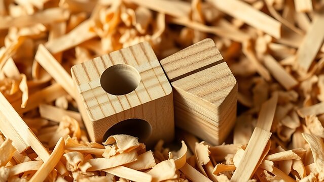 tenon. Macro shot of a traditional woodworking joint, a mortise and tenon nestled in wood shavings. event key visuals, club posters, designed for sports event promotions and stadium branding.