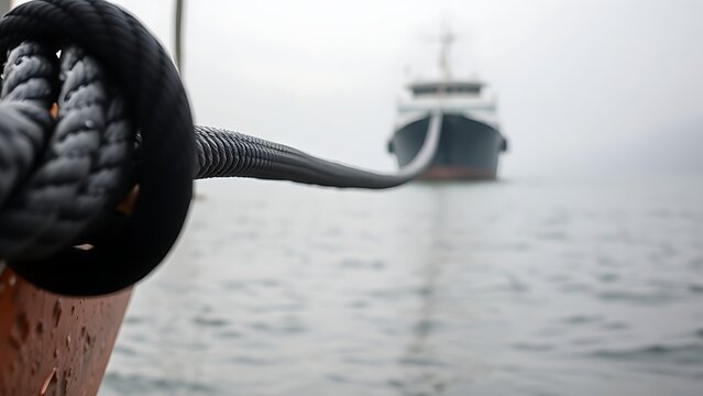 towline. A taut black towline connects a tugboat to a distant ship in morning mist. mobility guides, transit brochures, designed for mobility and urban transit guides, used by bi analysts.