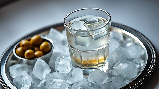 ouzo. A clear glass of ouzo with ice on a silver tray, green olives beside it. bar promotions, beverage menus, designed for product packaging and bar promotions, used by cybersecurity analysts.