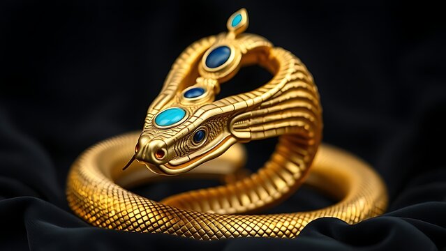 uraeus. Detailed golden cobra crown with turquoise inlays resting on black velvet. event programs, museum guides, designed for cultural heritage projects and event programs, used by recruiters.