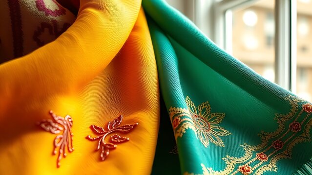 correlating. Detailed close-up of an embroidered Pashmina shawl in rich colors with soft folds. event programs, museum guides, designed for cultural heritage projects and event programs.