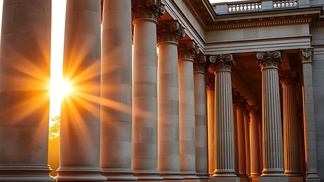 ionic. A neoclassical colonnade illuminated by sunset, capturing timeless architectural elegance. inspiring travel planning.