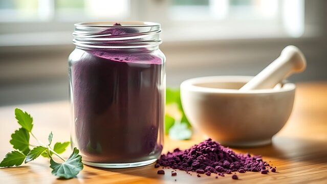 comfrey. A glass jar of purple comfrey root powder with mortar and pestle on a wooden table. gardening catalogs, home-decor guides, designed for gardening and botanical catalogs, used by clinicians.