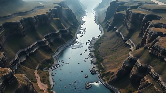 flocculation. Aerial view of small streams converging into a wide river in a canyon. travel magazines, destination branding, designed for outdoor magazines and nature guides.