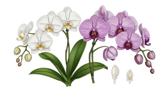 Beautiful orchid flower bouquet with green leaves on white background.