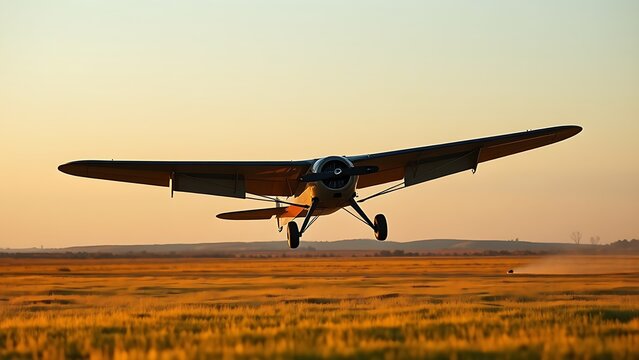monoplane. Vintage monoplane taking off from a grassy airstrip at dawn against a vast sky. mobility guides, transit brochures, designed for mobility and urban transit guides, used by store managers.