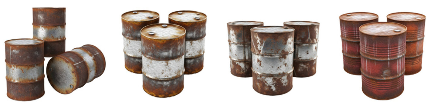 Series of Old Rusty Metal Barrels Isolated on White Background - Industrial Waste, Weathered Oil Drums, and Scrap Metal Recycling Concept Stock Photo Collection