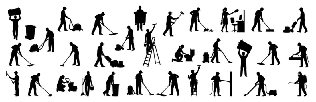 Professional cleaner silhouettes performing janitorial services and domestic maintenance tasks | Collection of industrial worker icons in black vector
