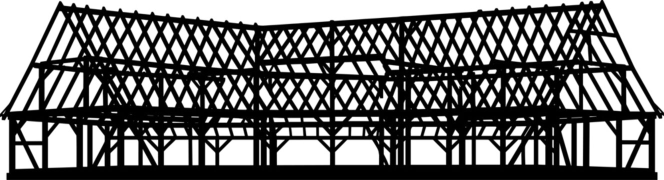 Silhouette of a complex timber roof frame structure