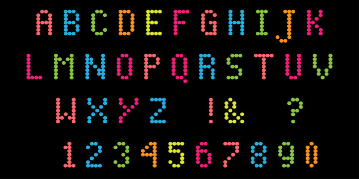 Colorful Dotted Alphabet and Numbers Set &ndash; A&ndash;Z Letters, 0&ndash;9 Digits, Punctuation Vector Font