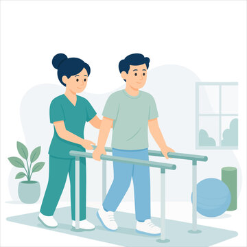 Caring nurse assisting male patient performing rehabilitation exercises with parallel bars in flat style.