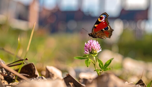 Peacock Butterfly on Clover Flower, Symbolizing Land Restoration and Nature's Renewal
