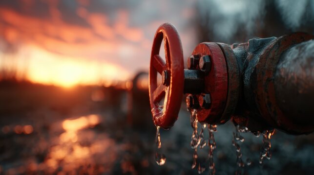 An industrial valve with water droplets falling in the foreground, highlighted by a beautiful sunset, symbolizing permanence, nature's beauty, and industrial contrast.