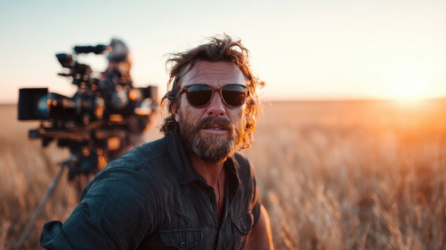A rugged man with a beard and sunglasses relaxes in a golden field during sunset, capturing the essence of adventure and freedom against the backdrop of a picturesque landscape.