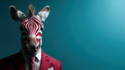 Obraz premium A zebra donned in a stylish red suit showcases a striking contrast between nature and fashion, symbolizing uniqueness and the blending of the natural with the artistic.